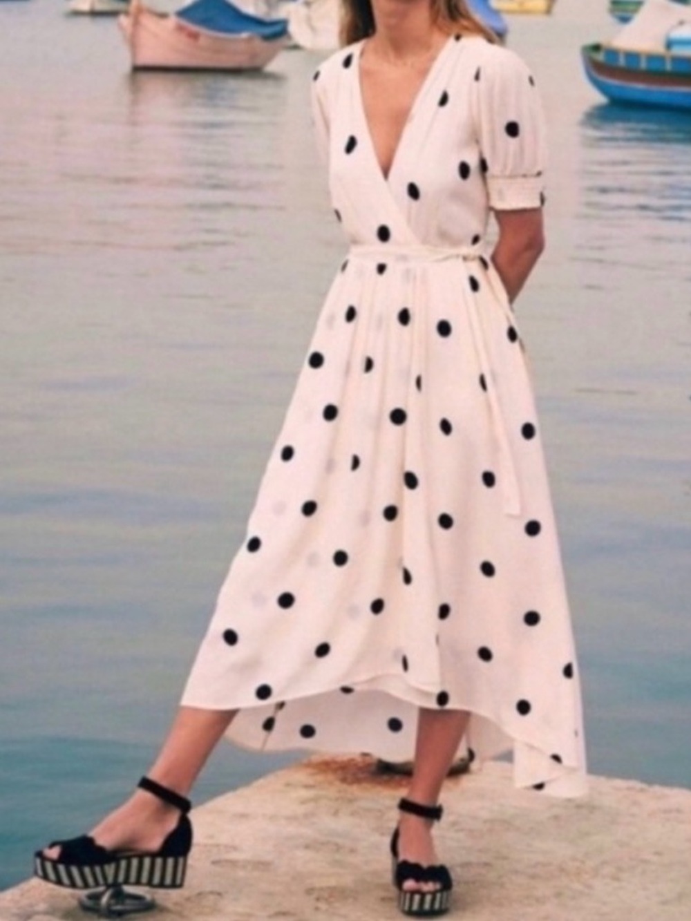 Maeve Anthropologie Polka Dot Wrap Midi Dress White Black Asymmetrical Hem 6 - Picture 4 of 7